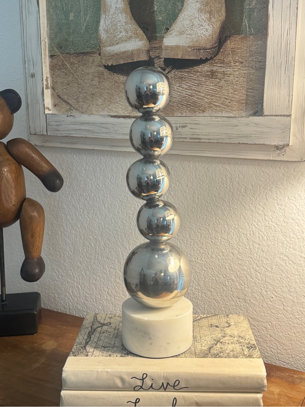 MCM Modern Silver Orb Table Sculpture with Marble Base